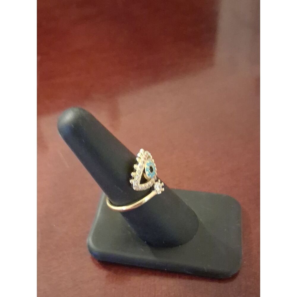 Gold Plated Evil Eye Ring Blue Glass And Cubic Zirconia New - Picture 2 of 3
